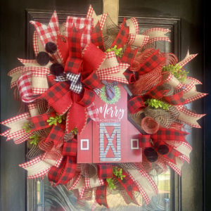 merry christmas farmhouse wreath on door